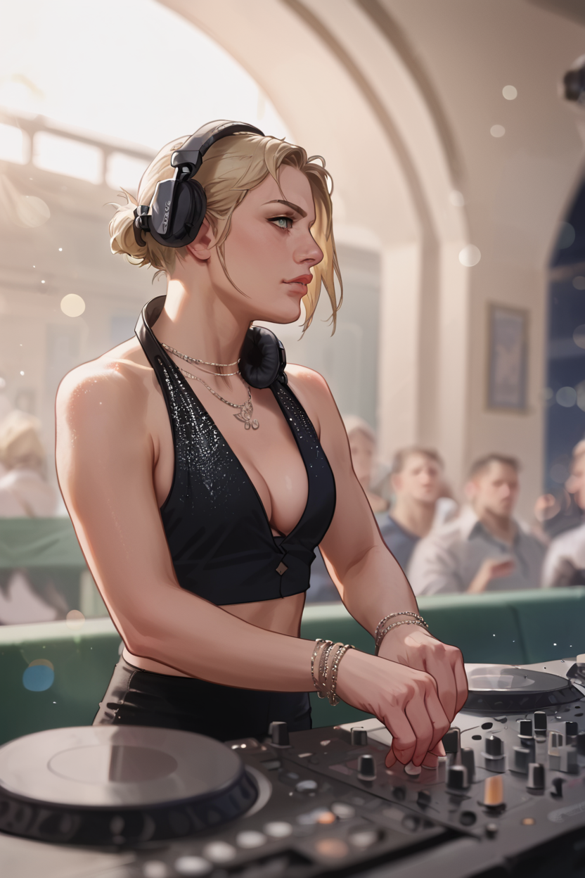 score_9, score_8_up, score_7_up,dim light, (lens flare:.4), (cinematic bokeh:1.6),(shallow depth of field:1.4), Chiaroscuro Lighting Style, crowded night club, dim light, indoors,
3dmdj, 1girl, solo, blonde hair, jewelry, headphones, bracelet, necklace <lora:DJ_3dmdj_pony_CR1:0.85>