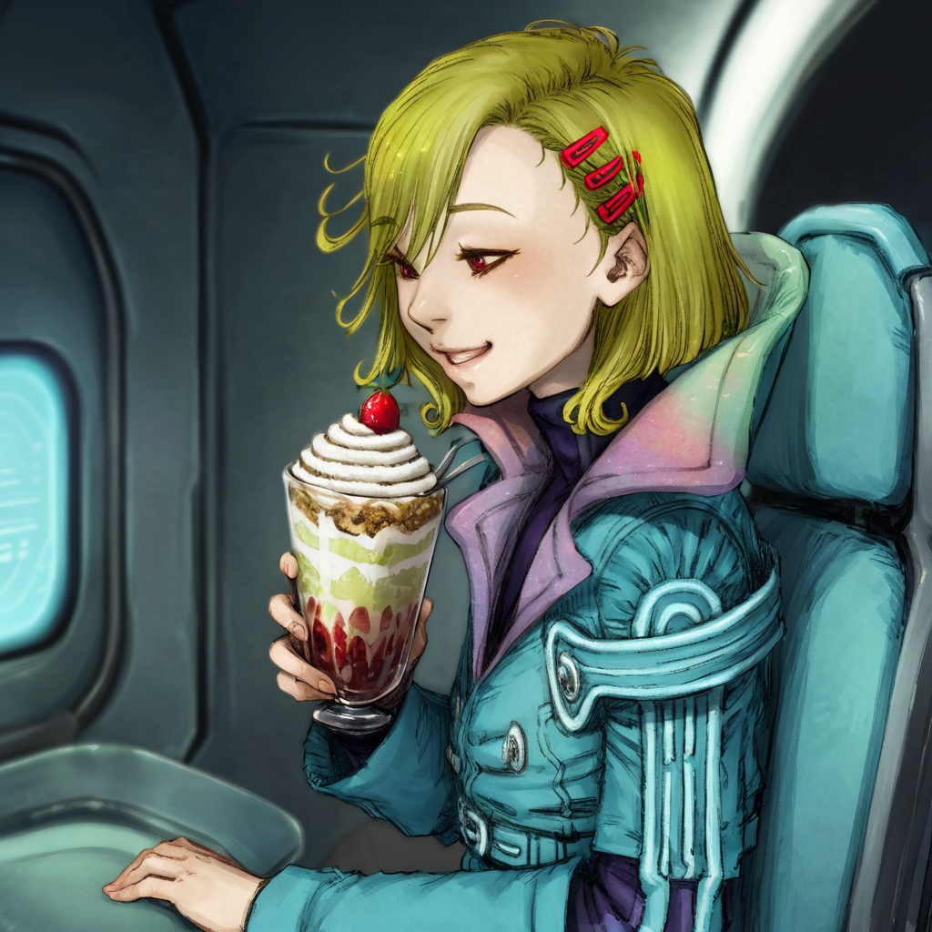 best quality, masterpiece, netsu, blonde hair, short hair, hair ornament, hairclip, jacket, smile, eating a parfaits, spaceship interior