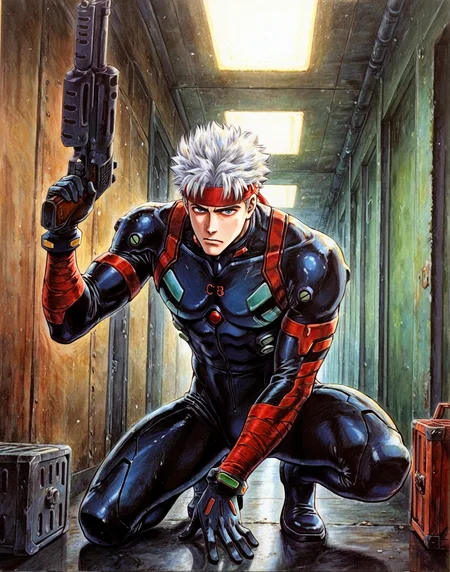 masterpiece, best quality, amazing quality, cyb88, traditional media, 1boy, solo, toned male, male focus, muscular, on one knee, black plugsuit, pouches, headband, white hair, short hair, holding gun, metal crates, hallway