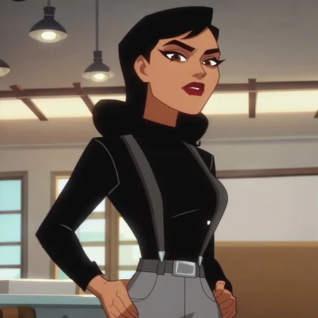 score_9, score_8_up, score_7_up, 1girl, solo, lipstick, black hair, brown eyes, dark skin, black shirt, gray pants, suspenders, belt, cartoon_screencap, Renee Montoya (dc), looking at viewer, breast, indoors