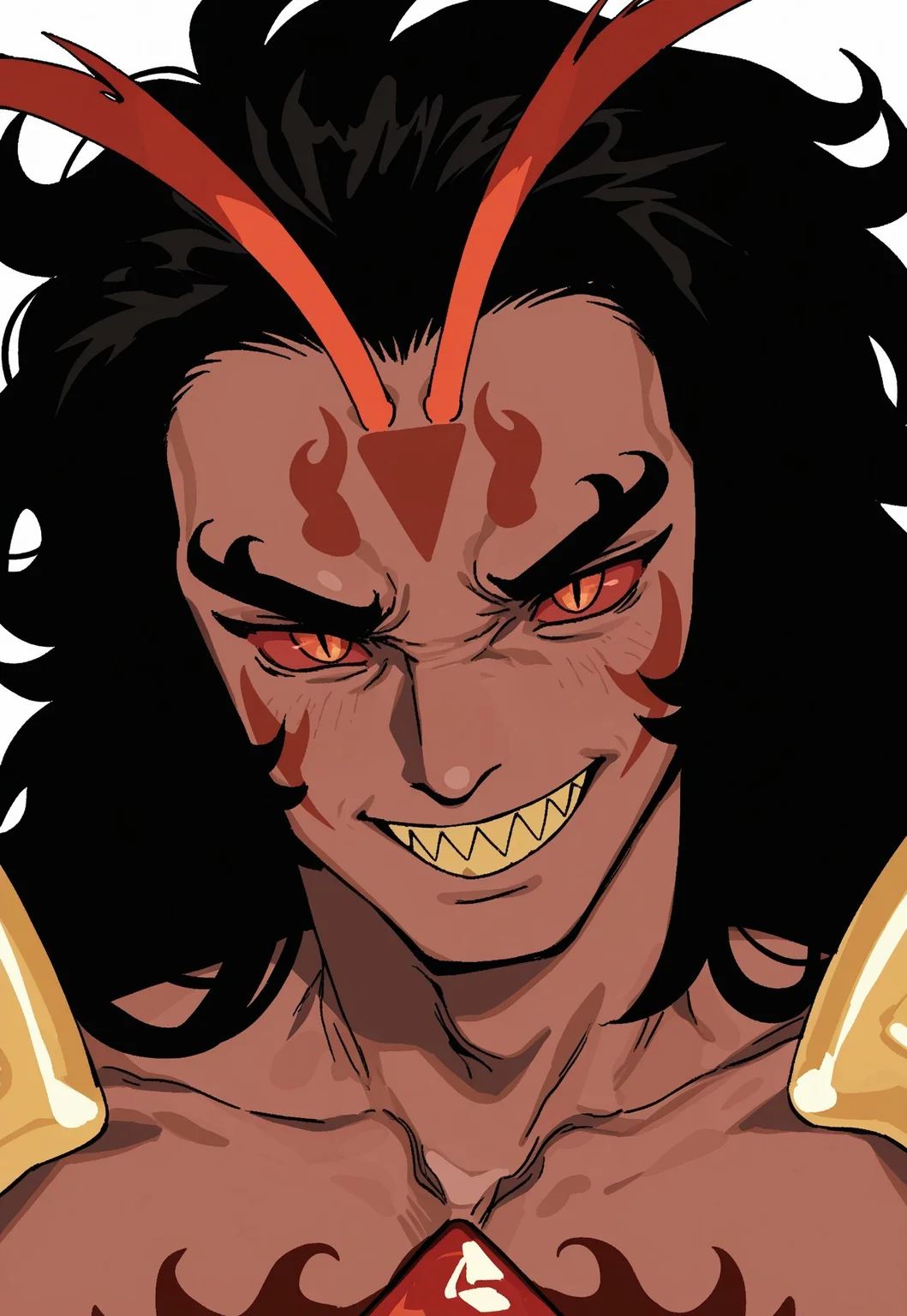 whoopsatr, anime, masterpiece, best quality, detailed background, 8k, 1boy, solo, burning spice cookie, antennae, dark skin, burly man, black hair, long hair, messy hair, red sclera, yellow eyes, slit pupils, face markings, yellow shoulder guards, standing, head only, white background, grin, sharp teeth, yellow teeth, close up, face focus, staring at viewer,
