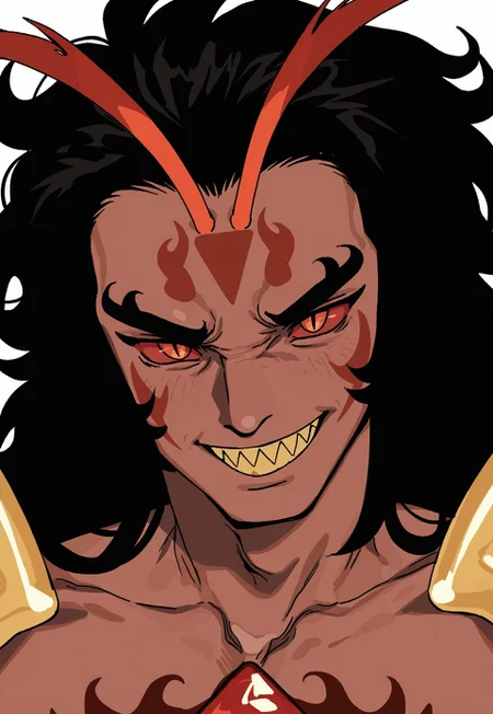 whoopsatr, anime, masterpiece, best quality, detailed background, 8k, 1boy, solo, burning spice cookie, antennae, dark skin, burly man, black hair, long hair, messy hair, red sclera, yellow eyes, slit pupils, face markings, yellow shoulder guards, standing, head only, white background, grin, sharp teeth, yellow teeth, close up, face focus, staring at viewer,