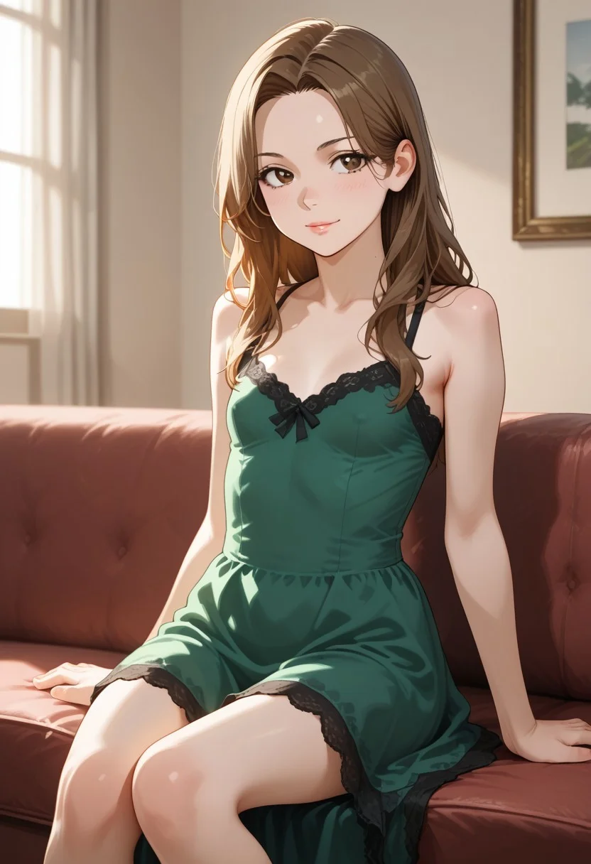 Anime,masterpiece, best quality,very aesthetic,blurry_background
BREAK
1girl,solo,black long hair,brown eyes,(green dress:1.5),( sitting on sofa:1.5),indoors,full body view,casual clothes,
BREAK
Happy,
Changing expression, moving lines,
clothes,tight clothes, straining clothes,(covered), skindentation,clothes on,
BREAK
,Breasts,erect nipples,
Small breasts,