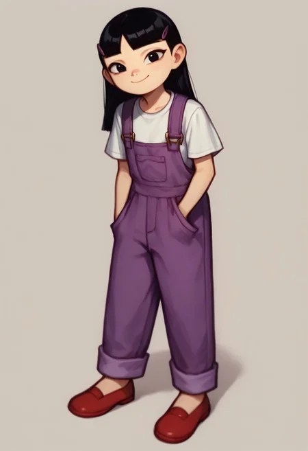 score_9, score_8_up, score_7_up, KimPPG, 1girl, long black hair, blunt bangs, black eyes, purple hairclips, purple overalls, short-sleeve white shirt, short-sleeve white undershirt, red shoes, smiling at viewer, full body,