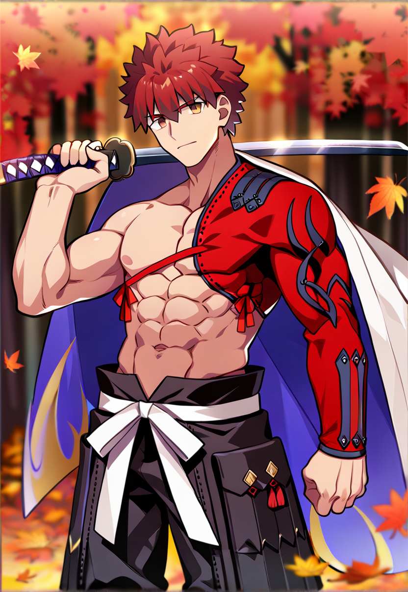 2boys, male focus, muscular male, best quality, amazing quality, best aesthetic, absurdres, official style, year 2023, game cg,  <lora:SenjiMuramasaFATEPONY:1> senji_muramasa_(fate), red hair, yellow eyes, igote, autumn, autumn leaves, holding sword, katana, katana_on_shoulder, abs, nipples, navel,