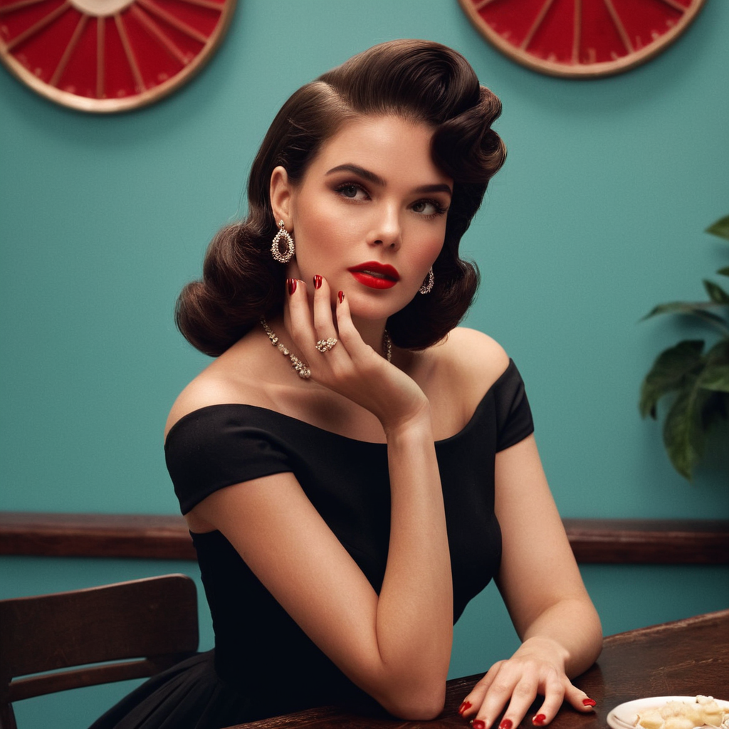 UHD, 4k, ultra detailed, cinematic, a photograph of  <lora:Retro Fashion style:1>
a woman in a black dress sitting at a table retro style,1girl,solo,brown hair,dress,bare shoulders,jewelry,upper body,earrings,parted lips,signature,nail polish,mole,black dress,lips,strapless,blood,ring,plant,strapless dress,red nails,hoop earrings,realistic , model, modeling, retro, fashion, vintage, classic, 1950's, 1940's 1960's, different, colorful, different hair style, vivid, film noise, film grain, filmic, perfect, perfection, detailed, contrast, deep color, saturation, fashionista, retro fashion style, epic, beautiful lighting, inpsiring