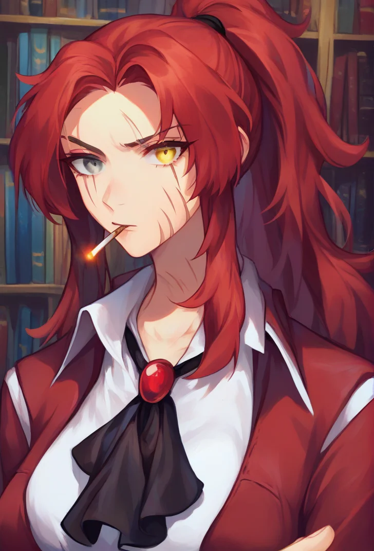 (score_9, score_8_up:1.1), score_7_up, masterpiece, perfect face, beautiful face, perfect hands, beautiful hands, <lora:Gebura_PM:1>, GeburaPM, GeburaLOR, scars, eye scar, 1girl, solo, long hair, looking at viewer, bangs, shirt, red jacket, yellow eyes, ponytail, red hair, collared shirt, heterochromia, grey eyes, yellow eyes, black T-shirt, cleavage, heterochromia, scar, mouth hold, portrait, scar on face, cigarette, scar across eye, smoking, upper body, library background, bookshelf, black ascot