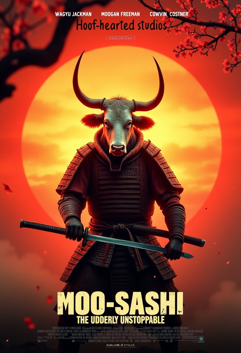 Create a Hollywood-style movie poster titled 'Moo-Sashi: The Udderly Unstoppable.' at the bottom. Top left of the poster lists actor names: "Wagyu Jackman, Moogan Freeman, Cowvin Costner". The poster features a determined cow in full samurai armor, wielding a katana, standing in front of a sunset with cherry blossoms falling. At the top of the poster letters spell out "Hoof-hearted studios presents". Letters should be legible