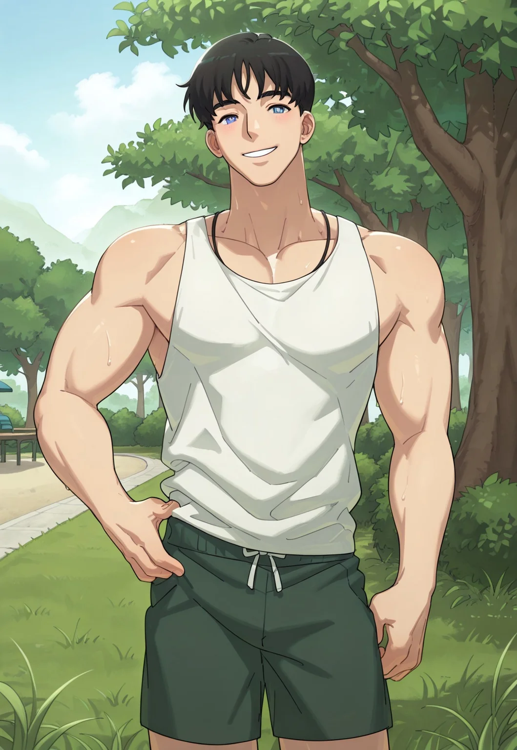 safe_pos, high quality, high detail, best quality, Syrop,
1boy, male focus, solo, tank top, shorts, muscular, black hair, short hair, hand on hip, outdoors, park, grass, trees, tree, Asian, looking at viewer, smile