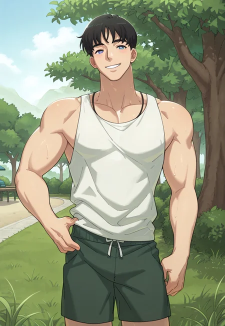 safe_pos, high quality, high detail, best quality, Syrop,
1boy, male focus, solo, tank top, shorts, muscular, black hair, short hair, hand on hip, outdoors, park, grass, trees, tree, Asian, looking at viewer, smile