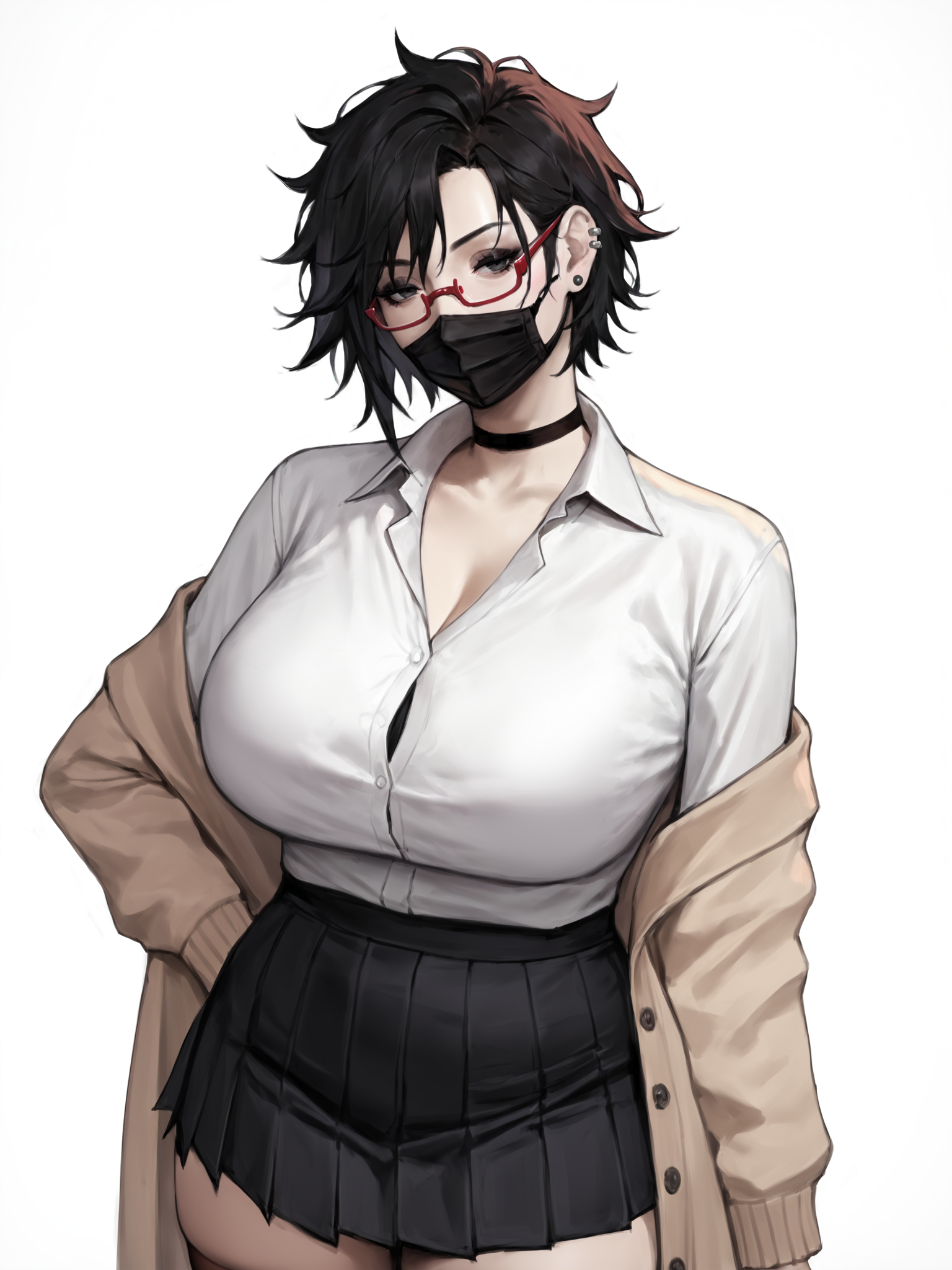 score_9, score_8_up, score_7_up, score_6_up, score_5_up, score_4_up,
BREAK
1girl, (black hair:1.2), bob cut, short hair, tomboy, black eyes, black mouth mask, long eyelashes, half-closed eyes, red-framed eyewear, black choker, messy hair, asymmetrical hair, adult, mature, black eyeliner, ear piercing,
BREAK
solo, standing, huge breasts, adult, broad shoulders, tall, white collared shirt, long sleeves, light brown cardigan, open cardigan, black pleated skirt, black microskirt, black miniskirt, black thighhighs, shirt tucked in, black nails, skinny,
BREAK
(white background:1.2), simple background, realistic, <lora:Lunas-Boingoo-SDXL-A1:1>