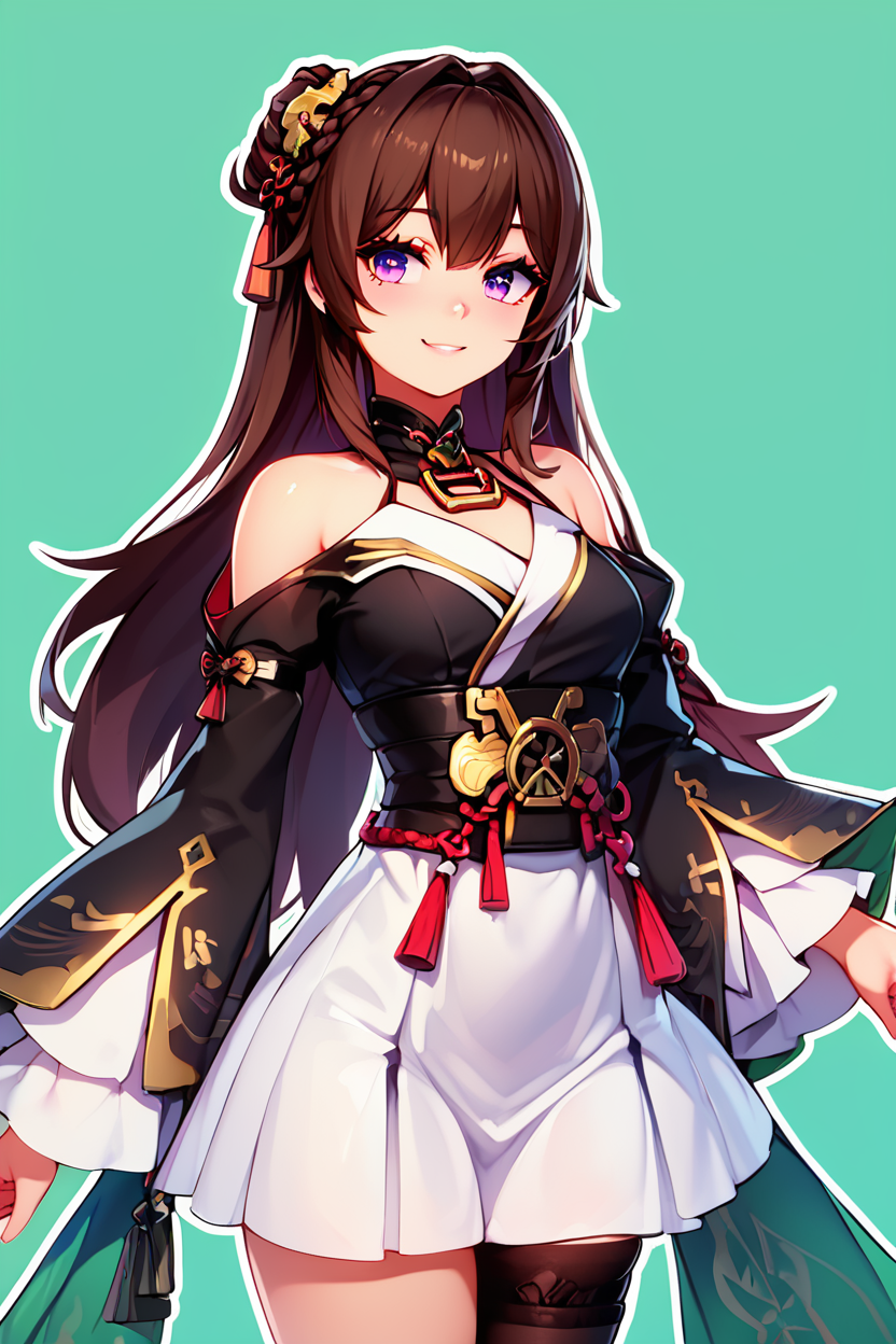score_9, score_8_up, score_8, medium breasts, (curvy), cute, eyelashes,       BREAK, ,  zzHanYouyou, purple eyes, brown hair, long hair, braid, hair ornament, ,,, long sleeves, bare shoulders, black thighhighs, wide sleeves, white skirt, single thighhigh,    <lora:AzurPromiliaPDXL:0.8>, ,   BREAK,  smile, looking at viewer,  green background, (white outline:1), cowboy shot,   embedding:zPDXL, Expressiveh,  <lora:CatalystStylePDXL:0.6>,   <lora:SDXLFaeTastic2400:0.5>,   <lora:Expressive_H-000001:0.4>,