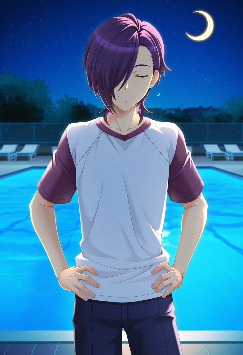 masterpiece, best quality, , (3d:0.4),, 1boy, solo, male focus, <lora:hanzou_urushihara_ilxl:0.94>, hanzou_urushihara, purple hair, purple eyes, hair over one eye, short hair, , white shirt, raglan sleeves, asymmetrical, pool, night, crescent moon, hands on hips, (closed eyes:1.2), smile,