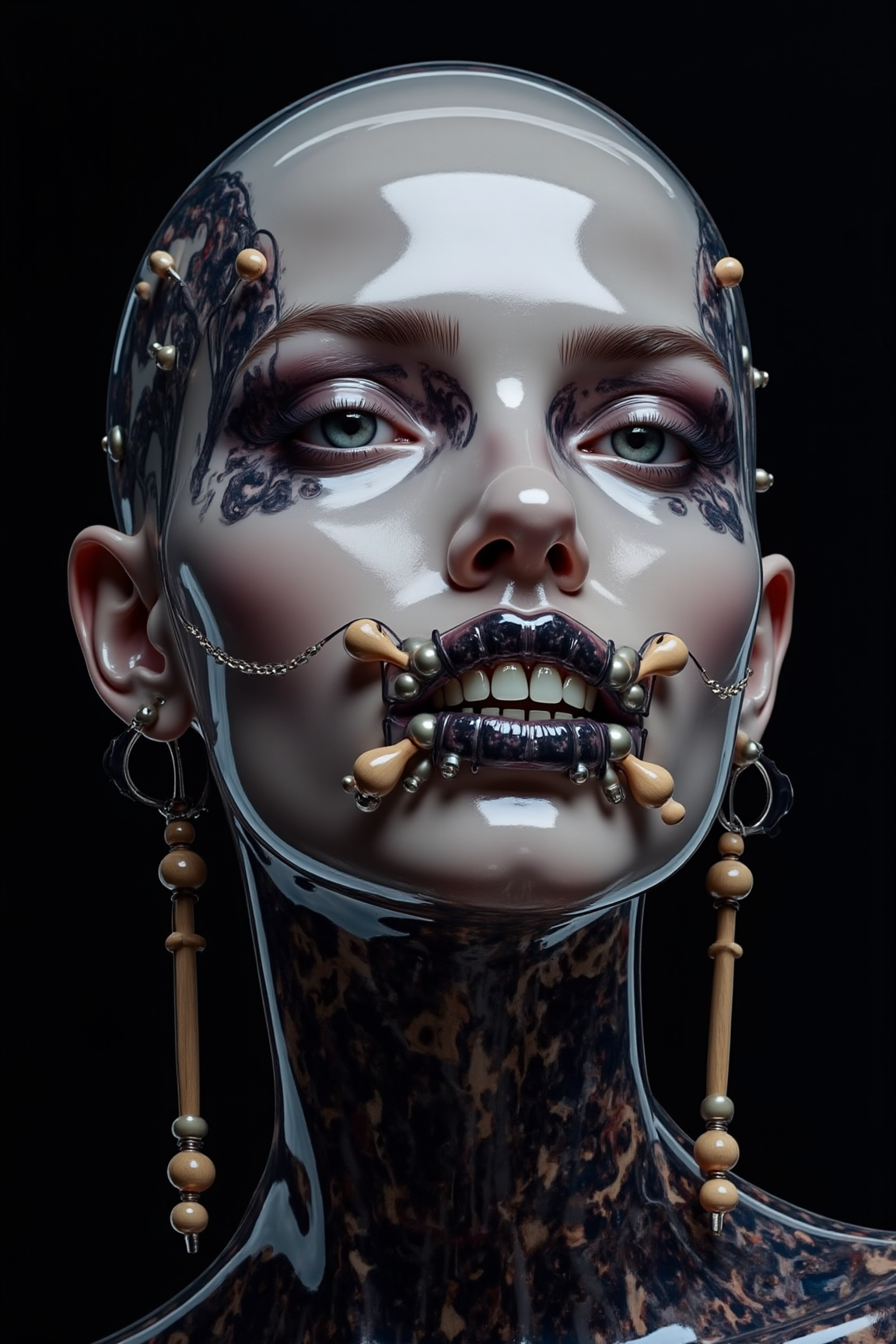 Acrylic, Translucent style, A highly detailed digital painting showcasing a woman with dark, intricate face paint, wooden and metal teeth ornament, piercing eyes, soft shadows on her face, high contrast lighting, smooth, reflective skin, subtle highlights, deep-set eyes, expressive gaze, dark background, minimalistic yet striking, fine details on teeth, delicate facial features, and intense, captivating atmosphere.