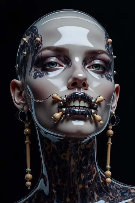 Acrylic, Translucent style, A highly detailed digital painting showcasing a woman with dark, intricate face paint, wooden and metal teeth ornament, piercing eyes, soft shadows on her face, high contrast lighting, smooth, reflective skin, subtle highlights, deep-set eyes, expressive gaze, dark background, minimalistic yet striking, fine details on teeth, delicate facial features, and intense, captivating atmosphere.