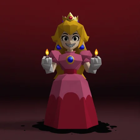 Peach64, 1girl, Long blonde hair with bangs and volume on the sides, Golden crown with red and blue jewels, Pink dress with a full skirt and a lighter-colored top, Short, puffed sleeves, Long, white gloves, Large blue earrings, Polygonal, low poly, lowres, 3D
Peach64, sinister smile, black eyes, black liquid coming out of his eyes, sharp teeth, reddish hair, red crown, dress full of blood, claws on the nails, terrifying. Black castle with deep red sky
