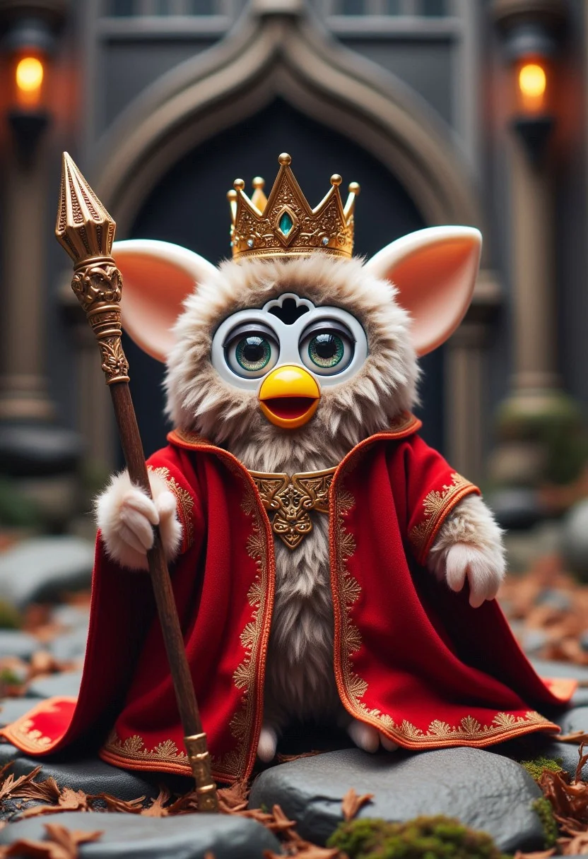 Photograph of a Furby plush toy, designed to look like sloth king with crown, wearing a magic robe and holding a magic staff, standing in his castle