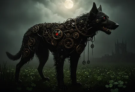 masterpiece, highly detailed, exterior, foggy night, misty field of green clover, clover around the edges, closeup, a menacing mechanical Irish wolfhound, black (fur made of gears), rusty old gears and cogs, old black iron, two glowing red eyes, looking at viewer, emerging from the dark, the black shuck of folklore, dark and menacing, portent of . <lora:gearstyle:1> <lora:zavy-cntrst-sdxl:1> dark, chiaroscuro, low-key