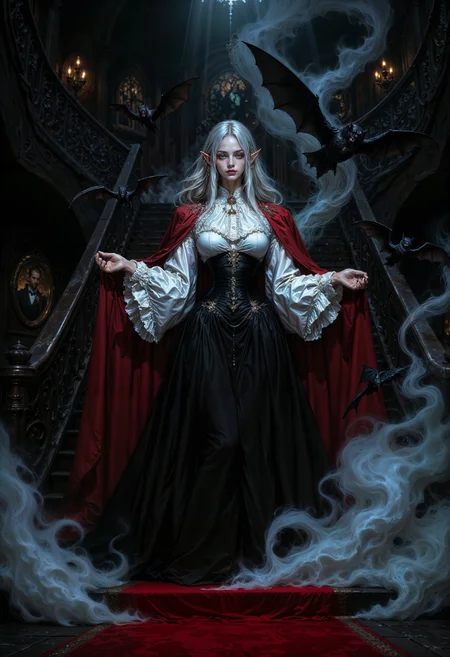 An1meL1nes, A vampiric figure, standing in an imposing, gothic interior, likely the grand staircase of a dark, aristocratic mansion. The character exudes an air of elegance and supernatural power, with pale, porcelain-like skin and flowing white hair cascading down her back. Her pointed ears and red eyes confirm her vampiric nature, and her fangs are subtly visible, adding to the sense of danger. She wears a refined outfit: a ruffled white blouse with voluminous sleeves, combined with a dark corset and a flowing black skirt, adorned with a deep red cape that adds a regal touch to her appearance. Her posture is poised, with her arms raised as though she is conjuring or commanding the dark mist swirling around her. The shadowy fog at her feet envelops the scene, from which black bats are emerging, flying into the air as if summoned by her will. These bats further enhance the gothic and supernatural atmosphere of the scene. The setting is dimly lit, with the red carpeted stairs and shadowy portraits on the walls contributing to the haunting and aristocratic ambiance. The image evokes a sense of dark beauty and mystery, portraying the character as a powerful, enigmatic vampire, possibly the matriarch of this eerie and grand domain. <lora:FluxMythAn1meL1nes:1>