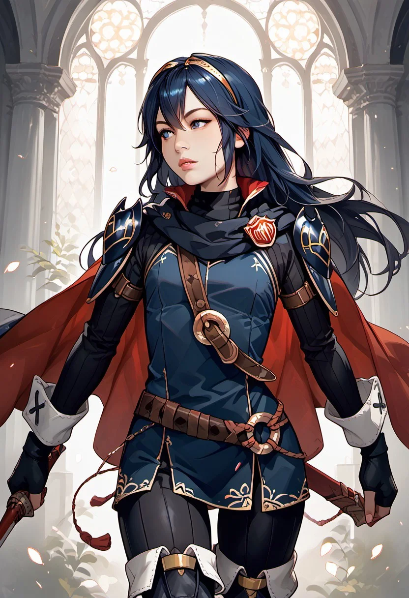 masterpiece,best quality, highly detailed, score_9, score_8_up, score_7_up, score_6_up, score_5_up, score_4_up, ((zPDXL3)), ((zPDXLxxx)), Expressiveh, defLuci, long hair, tiara, cape, shoulder armor, blue tunic, long sleeves, cuffs, blue scarf, fingerless gloves, belt, pants, thigh boots, highres, holding, holding sword, holding weapon, long hair, looking away, sword, adult lustful confident woman, petite, slender body, perky saggy natural breasts, full lips, bangs, sidelocks, straps, 
chinese magical sorceress, animated, swirling magic, wisps of magic, dancing pose, tight squeezed outfit, magical accessories, evoking motion, conveying motion, dynamic splash art