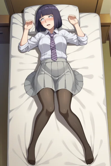score_9, score_8_up, score_7_up, score_6_up, score_5_up, score_4_up, BREAK source_anime, 1girl, solo,
<lora:HinataBorutoXL-v1-07:0.7>, ChopioHinataBoruto, medium hair, purple hair, shiny hair, bob cut, blunt bangs, no pupils, white eyes, looking at viewer,
medium breasts, mature female,
collared shirt, striped necktie, sleeves rolled up, grey skirt, pleated skirt, full body,  pantyhose, 
bedroom, bed, bed sheet, pillow, on bed, on back, from above, embarrassed, shy, open mouth, (blush:1.1),