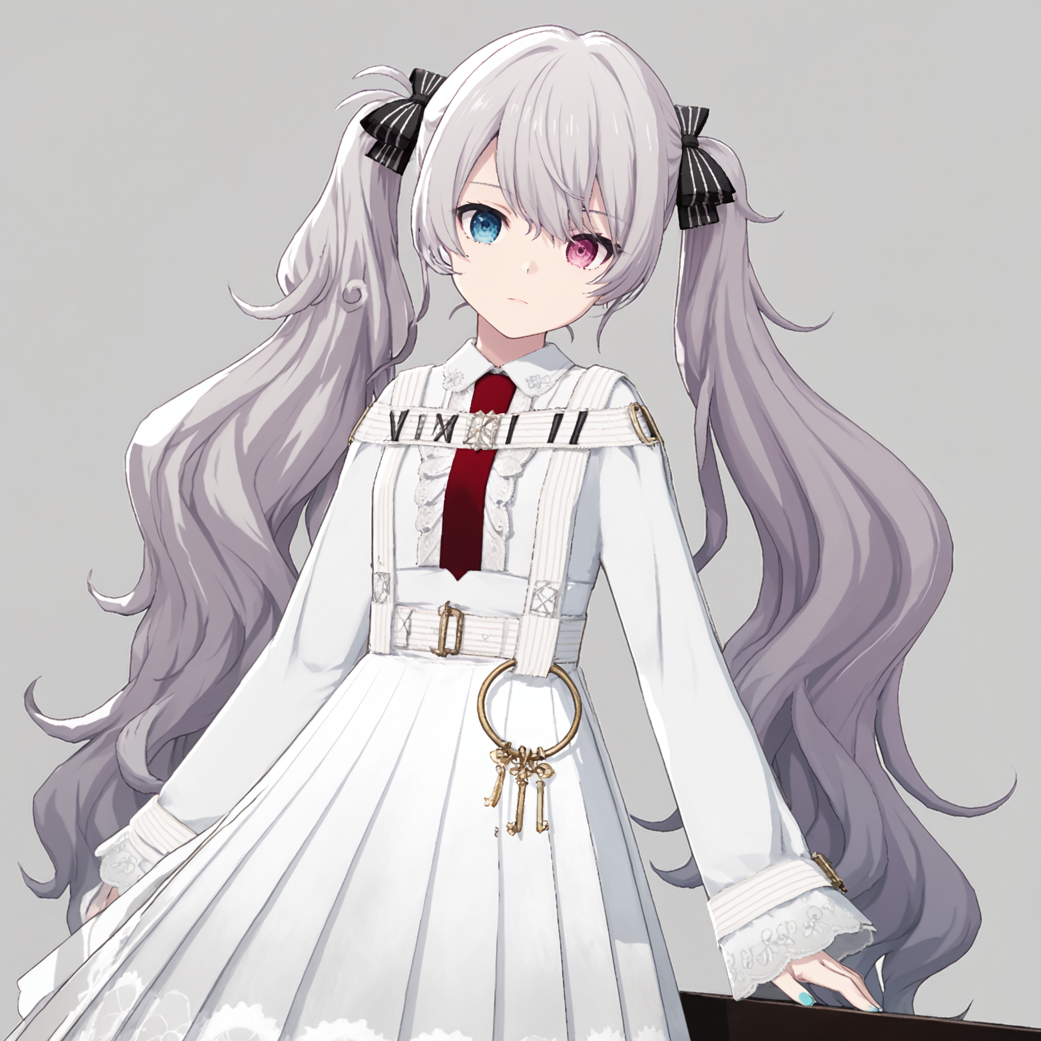 masterpiece, high score, great score, absurdres, official art,
1girl, 25-ji miku, project sekai
brandnew 25miku, silver hair, very long hair, wavy hair, twintails, heterochromia, blue eye, pink eye, expressionless, 
looking at viewer, sitting, head tilt, dutch angle, leaning on object, arm support, perfect hand, BREAK
dark, haze, simple background, grey background, depth of field, iron frame, 
<lora:hand 5.5:1>,  <lora:pony-vs-BN25miku01:0.8>