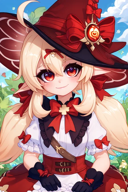 score_9, score_8_up, score_8, medium breasts, (curvy), cute, eyelashes, ,,, , ,,, zzKlee, hair between eyes, red eyes, ahoge, blonde hair, long hair, low twintails, pointy ears, twintails, witch hat, bow, gloves, short sleeves, black gloves, alternate costume, sidelocks, hat bow, <lora:KleeBlossomingStarlight_Genshin_PDXL:1.0>, ,,,, BREAK, smile, closed mouth, looking at viewer, cowboy shot, ,,, embedding:zPDXL, Expressiveh, ,,, <lora:MantisStyle_PDXL_v2:0.8>, <lora:SDXLFaeTastic2400:0.5>, <lora:Expressive_H-000001:0.4>,