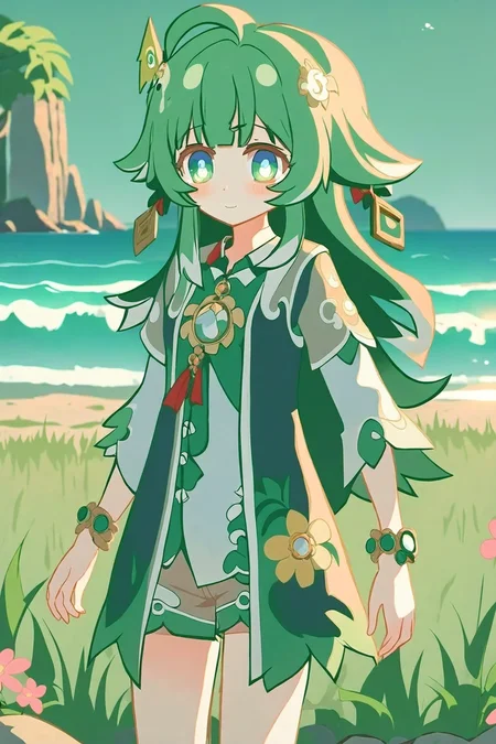 <lora:hohoHSR_XL_00_01:0.8>, (masterpiece), (best quality), (detailed background, best lighting), ultra-detailed, highly detailed, (blush), solo,
<BRAKE>
(beach:1.4),  on stone, on grass, on beach, (colorful flowers), shadow, sunlight, warm, side lighting,
<BRAKE>
hohoo, 1girl, green hair, long hair, jewelry, green eyes, standing, shirt, shorts, (hat:1.3), looking at viewer