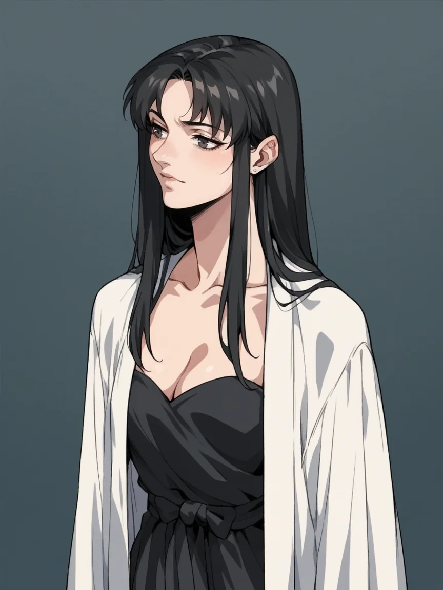 score_9, score_8_up, score_7_up, score_6_up, <lora:BBXLP:1> (BB), black bible, cel shading, 1girl, black hair, robe