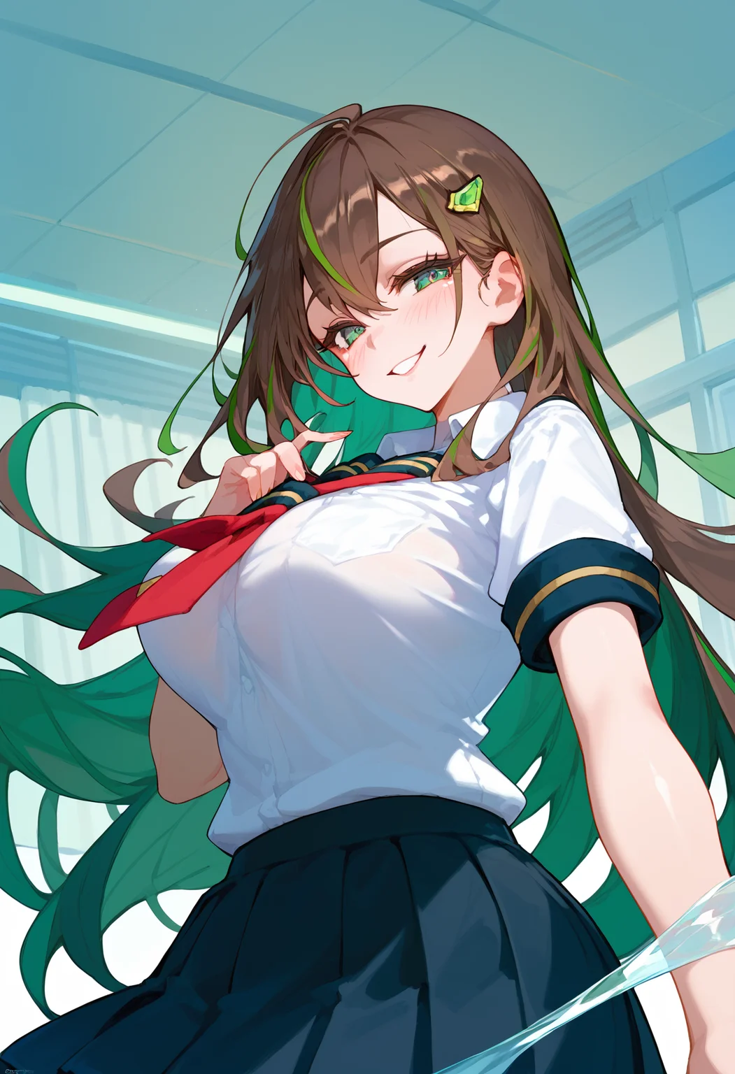 1 girl, solo, <lora:Camille:1> camille,brown hair,green eyes,two-tone hair,very long hair, seductive smile, school uniform, short sleeves, large breasts,, (score_9,score_8_up,score_7_up),best quality, masterpiece,source anime,