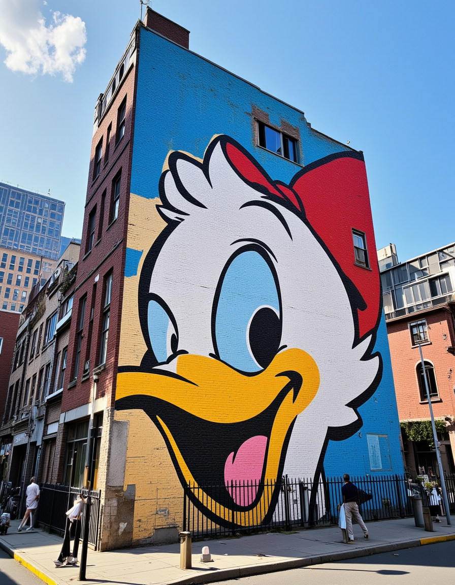 <lora:CWWalls1fluxb:1> wabkg, realistic world, photo. In a city, on the surface of an old tall building brick wall there is a colorful drawing of a smiling animation duck. Portrait. Day with blue sky.