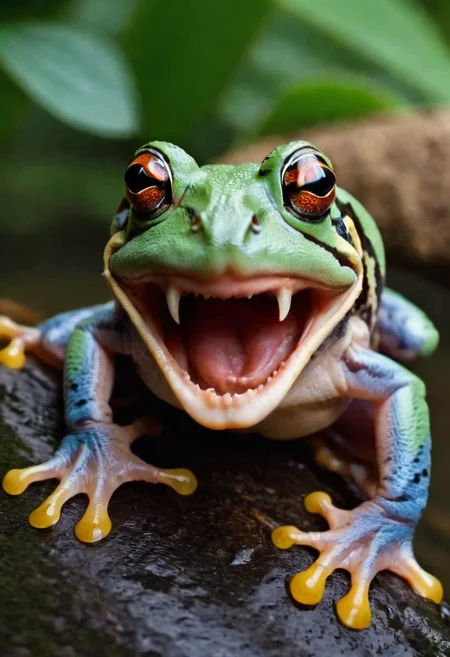 close-up photo of colorful frog in jungle, screaming open mouth, Vampire Fangs Teeth <lora:vampire teeth v3:1>, wet leaves
