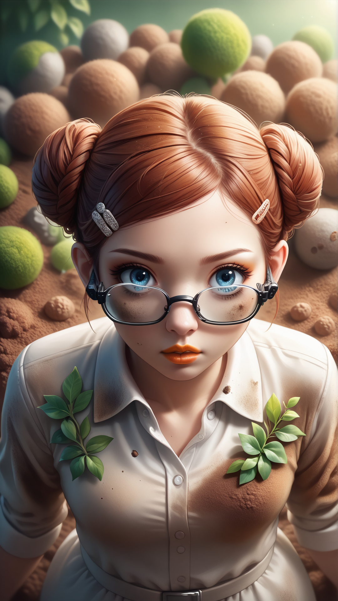 <lora:ElementEarthPDXL:1>ElementEarth score_9, score_8_up, score_7_up, score_6_up, source_anime, 360-Degree photography, Eastern European, middle-aged, woman, Short hair, Ballerina bun hair, Modern caesar cut, Auburn hair, Hairclip, Almond eyes shape, Blue eyes, Safety glasses, Soft Cupid's Bow lips, Orange lips, Square with Rounded Jaw, Bohemian makeup, Proud, Plump body, Balancing, Interacting with props, Business Professional dress, Top light, Corona, Evening, Hazy, forest green background, Alley background, Fujifilm X-T4, Extreme close-up, Overhead angle, nature, dirt, (earth:0.4), (leaves:0.7)