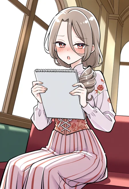 1girl, solo, shino sakisaki, mom, long hair, brown hair, hair between eyes, brown eyes, gradient eyes, red eyes, looking at viewer, low ponytail,
high collar blouse with sheer sleeves, decorative waist corset, tulle skirt, flower embroidery, cowboy shot, holding a wide sketchbook in both hands, sitting on marble bench, museum interior, classical sculptures, skylight above, soft white ambiance,
 <lora:Character_Shino Sakisaki Mom:1>