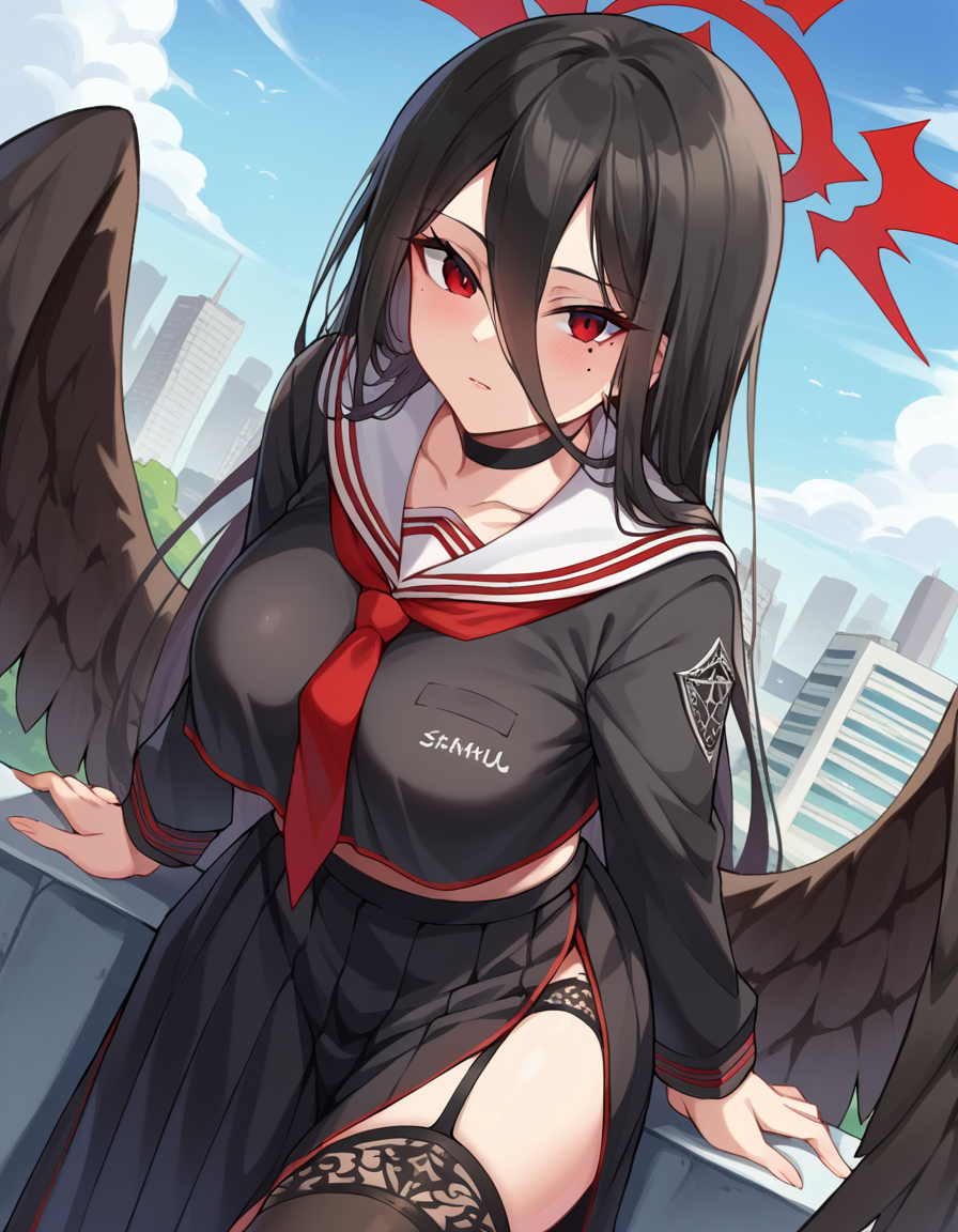 score_9, score_8_up, score_7_up, source_anime,
bluearchivehasumi, <lora:hasumi-hanekawa-ponyxl-lora-nochekaiser:1>,
hasumi, black hair, hair between eyes, long hair, mole, mole on breast, mole under eye, red eyes, wings, black wings, low wings, feathered wings,
black choker, black serafuku, black skirt, black thighhighs, garter straps, long sleeves, pleated skirt, school uniform, serafuku, side slit, skirt, thighhighs, white collar, whie sailor collar,
outdoors, cityscape, bent over,
looking at viewer, dutch angle, cowboy shot,