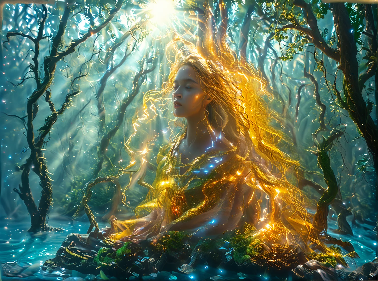 1girl, lake, river.
She is a being made of millions of golden threads; she is majestic, capable of touching your soul with a simple glance. This being is called Eltirion.
Eltirion has no strict form, but she prefers to resemble a woman. sHe finds their bodies harmonious. She loves harmony.
At this moment, Eltirion is enjoying himself floating above an enchanted forest. She is remaking the world, after all, she is a god. in the image depicts Eltirion using his powers to remake the forest, a massive effect power
<lora:3nch4nt3d_f0r3st:1> <lora:Add_Details_v1.2:1> <lora:Mystic_Lumina_r1:1> <lora:Realistic-Fantasy-style_flux1D_LOREVER:1> <lora:slg_v30:1> <lora:å·¨ç¥_FLUX_lora_v1:1> <lora:ymnmpi196a29e8950n39e6:1.9> <lora:FC Flux Perfect Busts:1.7>