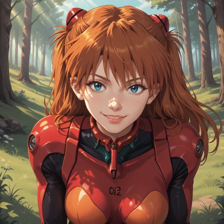 score_9, score_8, BREAK, solo, Asuka_Langley_Soryu_(Evangelion), 1girl, long hair, bangs, blue eyes, brown hair, hair ornament, red bodysuit, red gloves, red boots, self portrait, smile, looking at viewer, outdoors, sunlight, shadows, evening lighting, natural lighting, forest, trees, grass, orange sky, sunset