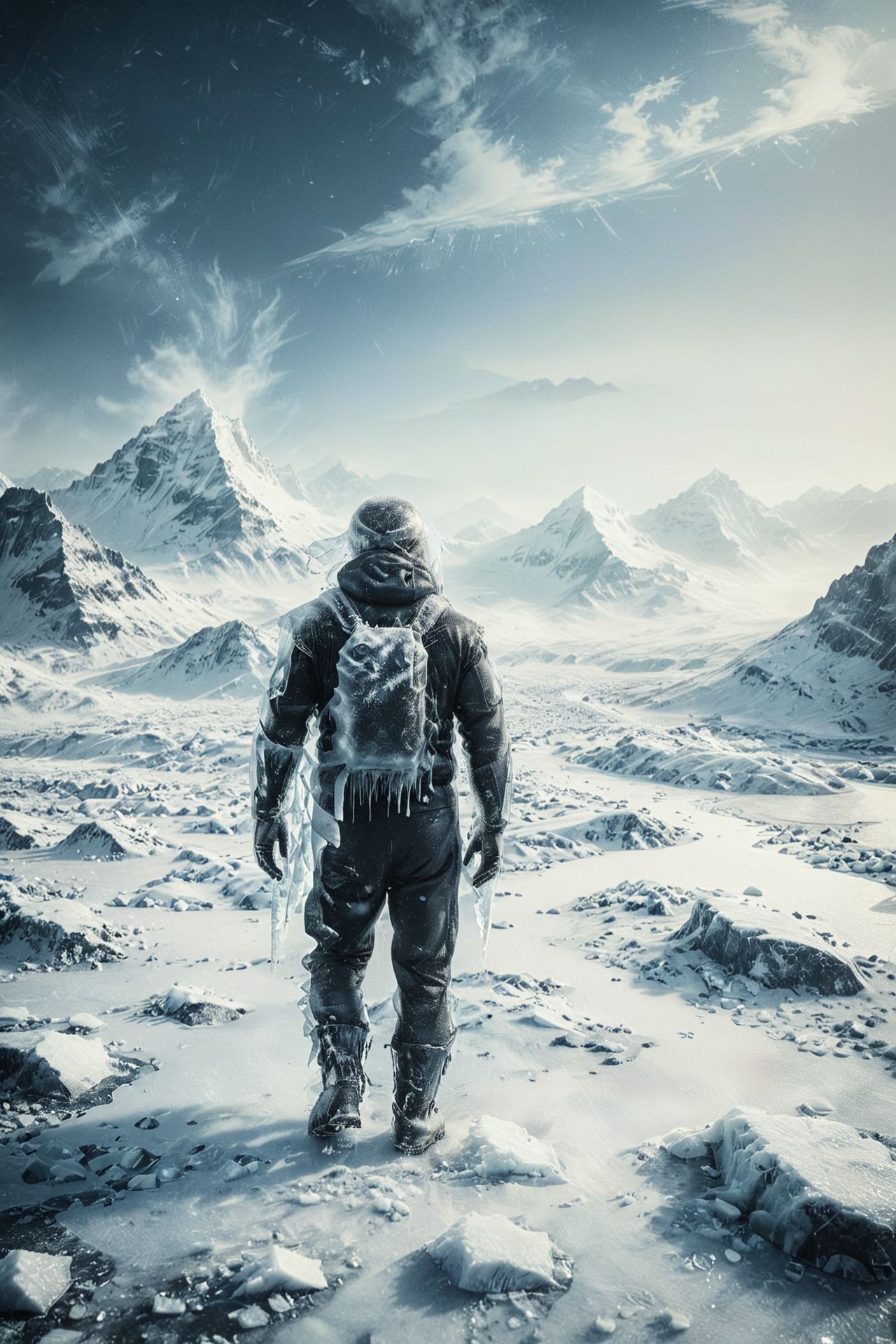 Frozen Tundra: An icy, barren landscape with snow-covered mountains and a lone figure trekking through the blizzard. 
vignette,unique, masterpiece, 1 of 10000, most worth piece of art,   <lora:CBS_novuschroma37 style_b:1.2> (novuschroma37 style, style of experimental photography, double exposure:1.2)
 <lora:xl_more_art-full_v1:0.4>
 OverallDetailXL 
<lora:add-detail-xl:1>
 <lora:CinematicStyle_v1:0.5> 
<lora:Ice:0.95> ice