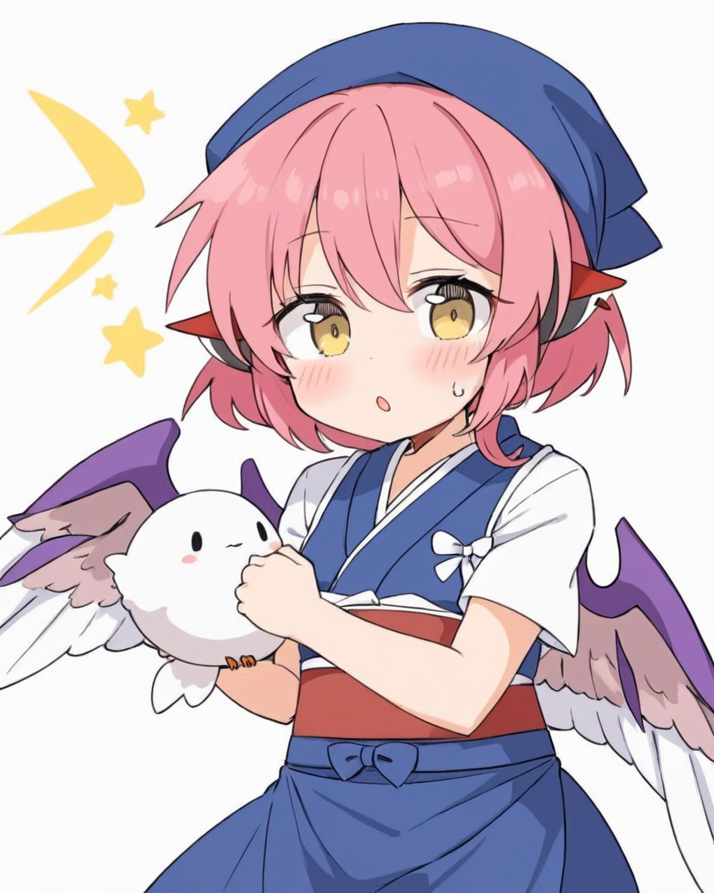 mystia lorelei,1girl, solo, simple_background, white_background, white_wings, one-hour_drawing_challenge, open_mouth, bird_wings, fish, short_sleeves, japanese_clothes, okamisty, blush_stickers, head_scarf, flying_sweatdrops, apron, holding_animal
<lora:mystia_lorelei_image8444_2023-12-14-000007:1>,star-shaped_pupils,symbol-shaped_pupils,. gorgeous,key visual, vibrant, studio anime,award-winning, professional, highly detailed,high budget, cinemascope
