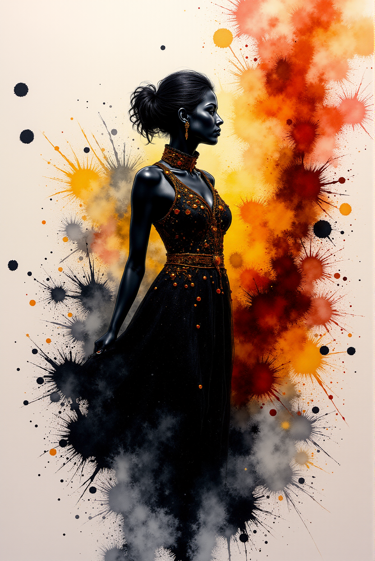 <lora:Vibrant_watercolor_v.22:0.9>   Silhouette Art, breathtaking photorealistic  beauty extravaganza colored  alcohol ink art. Reflective black and flashy glossy orange and glossy white color scheme. glossy. magnificent, shiny, intriguing weirdness, mystery of darkness, unusual natural aesthetics. Shiny glossy fluid and vibrant colors, unpredictable patterns, organic textures, translucent layers, abstract compositions, ethereal and dreamy effects, free-flowing movement, expressive brushstrokes, contemporary aesthetic, wet textured paper. extremely high-resolution details, photographic, realism pushed to extreme, fine texture, incredibly lifelike. award-winning, professional, highly detailed. sleek, modern, minimalist. a beautiful adorable noble young solo female, happy face, skin texture, skin details, micro pores. 