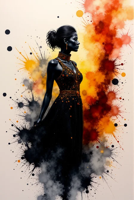 <lora:Vibrant_watercolor_v.22:0.9> Silhouette Art, breathtaking photorealistic beauty extravaganza colored alcohol ink art. Reflective black and flashy glossy orange and glossy white color scheme. glossy. magnificent, shiny, intriguing weirdness, mystery of darkness, unusual natural aesthetics. Shiny glossy fluid and vibrant colors, unpredictable patterns, organic textures, translucent layers, abstract compositions, ethereal and dreamy effects, free-flowing movement, expressive brushstrokes, contemporary aesthetic, wet textured paper. extremely high-resolution details, photographic, realism pushed to extreme, fine texture, incredibly lifelike. award-winning, professional, highly detailed. sleek, modern, minimalist. a beautiful adorable noble young solo female, happy face, skin texture, skin details, micro pores.