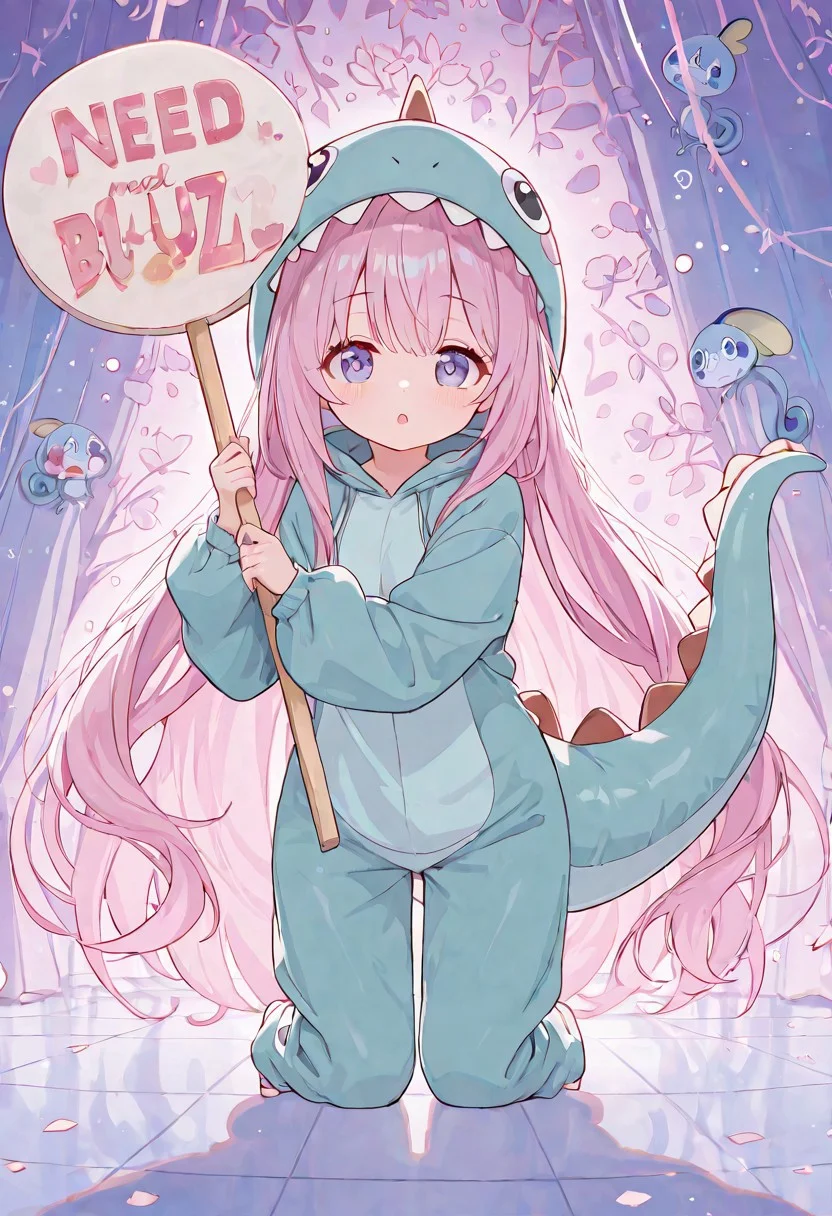 (holding sign with text "need buzz", ) (beautiful girl), dinosaur costume, high quality, detailed, 8k, Intricate details, long hair on bangs,(:3), UHD, detailed depiction, ephemeral beauty, eye highlights.background is plants dreaming A bright room, beautiful light and shadow on the walls and floor, gentle brushstrokes, pastel colors, delicate pastel hues, dreamy,Sobble, masterpiece, best quality, very aesthetic, high resolution, beautiful light.(background is kawaii with dreaming world) droopy masterpiece, best quality, very aesthetic,beautiful light, beautiful shadow.