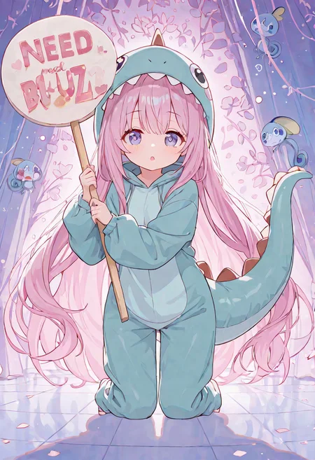 (holding sign with text "need buzz", ) (beautiful girl), dinosaur costume, high quality, detailed, 8k, Intricate details, long hair on bangs,(:3), UHD, detailed depiction, ephemeral beauty, eye highlights.background is plants dreaming A bright room, beautiful light and shadow on the walls and floor, gentle brushstrokes, pastel colors, delicate pastel hues, dreamy,Sobble, masterpiece, best quality, very aesthetic, high resolution, beautiful light.(background is kawaii with dreaming world) droopy masterpiece, best quality, very aesthetic,beautiful light, beautiful shadow.