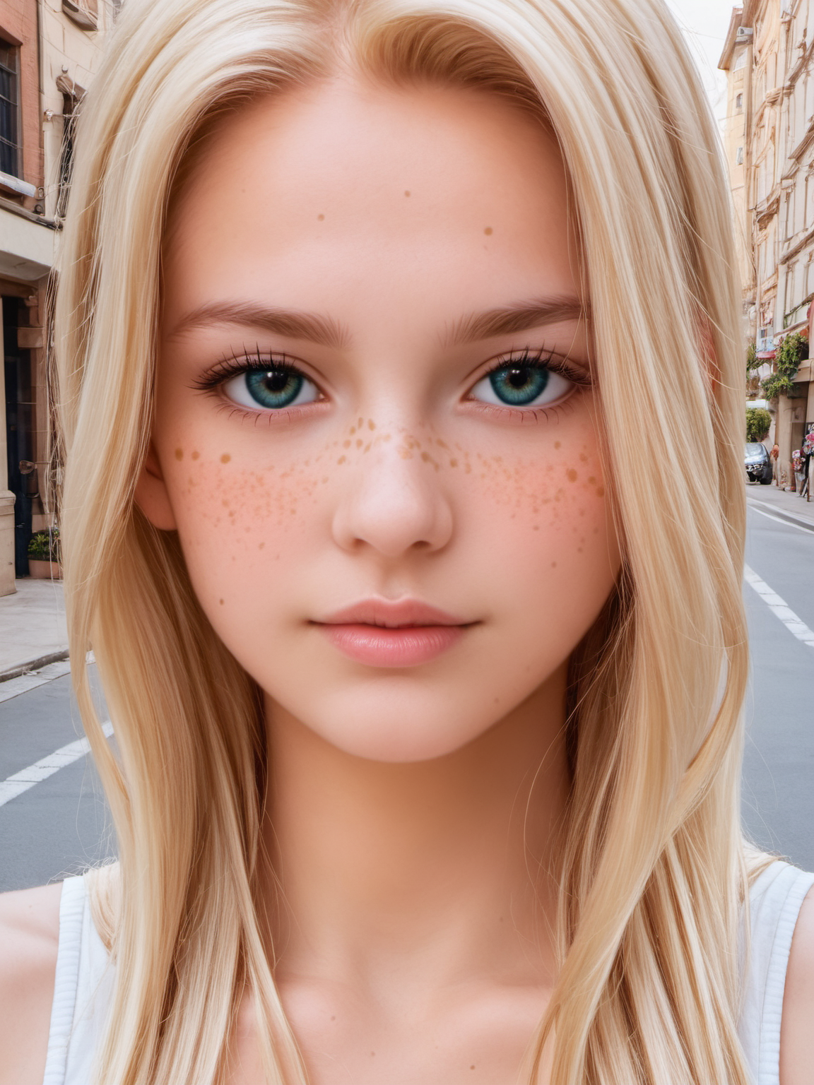 score_9, score_8_up, score_8, a close-up portrait, a woman, with freckles, girl, long flowing blonde hair, relaxed, white top, look at camera, beige skirt, pretty face, detailed beautiful eyes, minimalist, clothes, streets, downtown, Europe, city, on the sidewalk, next to a parc and a street, close-up, chill vibe, peaceful, golden hour, comfort, lo-fi, soft, cozy, cottage core, aesthetic, dreamy, good vibes, golden ratio, canon 5D Mark IV, photography <lora:Pony_DetailV2.0:1> <lora:pony_better freckles:0.9>