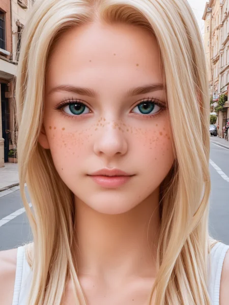 score_9, score_8_up, score_8, a close-up portrait, a woman, with freckles, girl, long flowing blonde hair, relaxed, white top, look at camera, beige skirt, pretty face, detailed beautiful eyes, minimalist, clothes, streets, downtown, Europe, city, on the sidewalk, next to a parc and a street, close-up, chill vibe, peaceful, golden hour, comfort, lo-fi, soft, cozy, cottage core, aesthetic, dreamy, good vibes, golden ratio, canon 5D Mark IV, photography <lora:Pony_DetailV2.0:1> <lora:pony_better freckles:0.9>