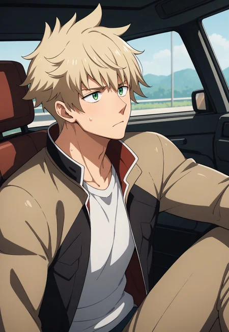 score_9, score_8_up, score_7_up, source_anime, cowboy shot, side view, BREAK, ( green eyes, light blond hair, best eyes, male, anime, uniform, collar up, looking up, worried expression, sweat, muscled definition visible through shirt, ) 1boy, male focus, solo, BREAK, truck carrying gundam in background, another person driving a truck in the background,