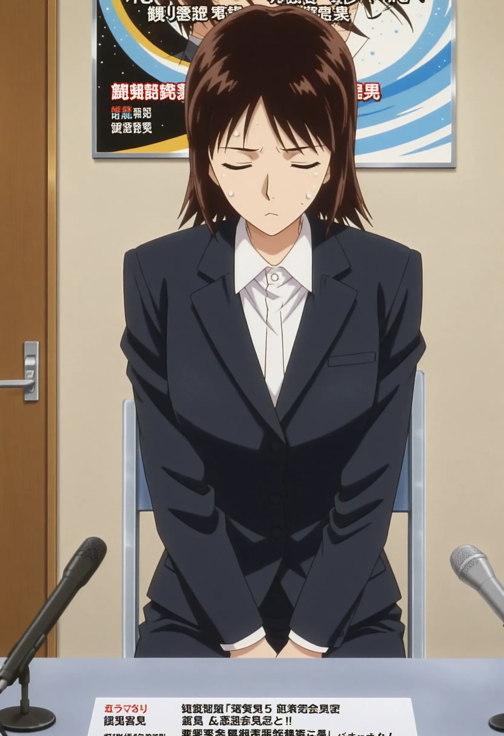 1girl,solo,masterpiece,best quality,1990s \(style\),anime screenshot,
<lora:shimamura_sachiko_conan_v1_IL:0.6>,shimamura sachiko,mature female,parted bangs,black hair,brown hair,medium hair,long sleeves,black skirt suit, formal clothes, white collared shirt, 
<lora:dmd2_sdxl_4step:1>,indoors,closed mouth,<lora:pressconference_Illust_v1:1> press conference,sweatdrop, sitting, closed eyes, facing down, :<,v arms,