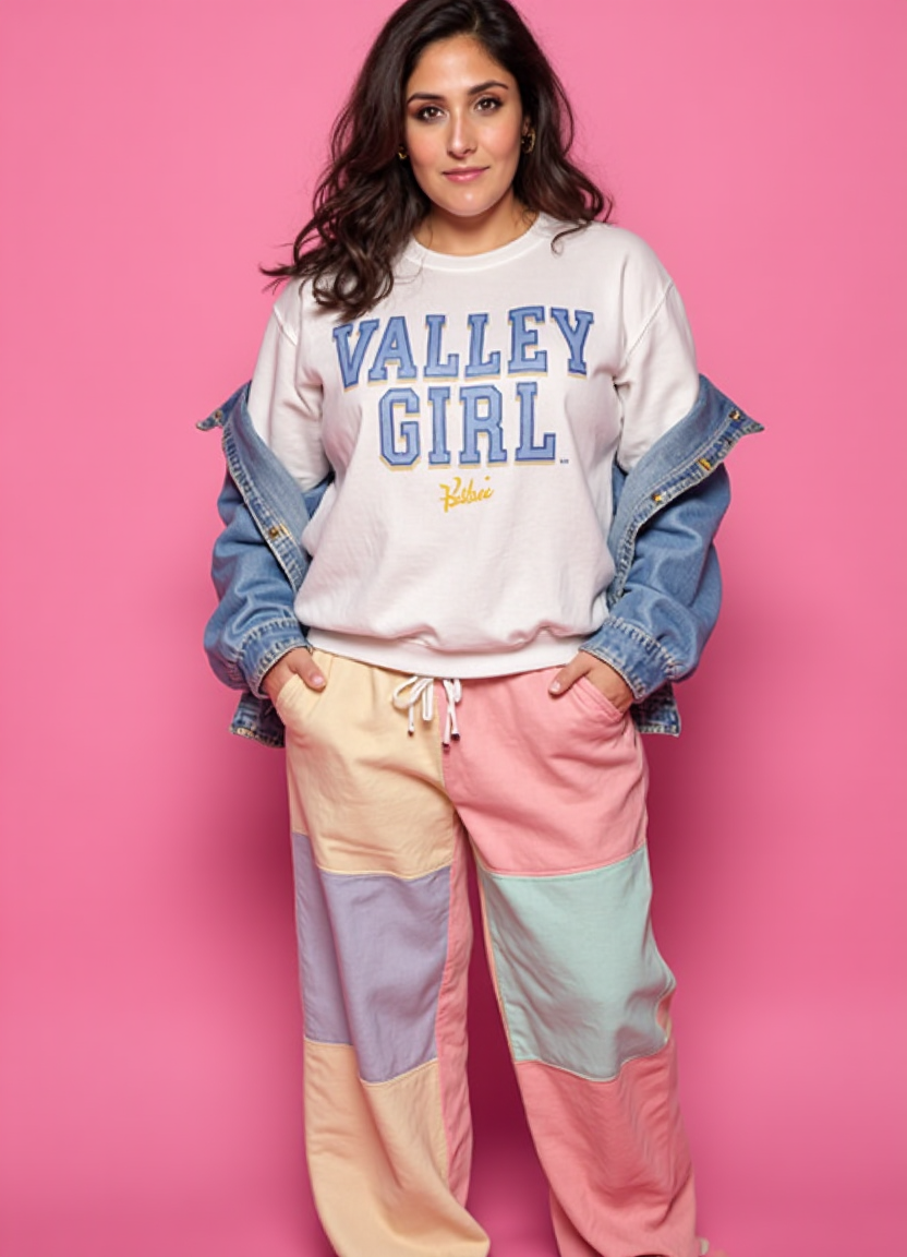 SFW, brightly lit, The image is a portrait of a woman posing in front of a pink background. She is wearing a white sweatshirt with the words "Valley Girl" written in blue and yellow letters across the chest. She has long baggy sweatpants in multiple colors covering her legs. The sweatshirt has a graphic design on the front and a blue denim jacket over it. She has e hair styled in loose waves and is wearing colorful striped socks. The woman is standing with her hands in her pockets and is looking directly at the camera with a serious expression., aidmaimageupgrader<lora:flux\custom\celebrity\rikki-lake.safetensors:1.05:1.05> <lora:flux\turbo-8-step-flux.safetensors:0.5:0.5> <lora:flux\style\Common\aidmaImageUprader-FLUX-v0.3.safetensors:0.25:0.25>