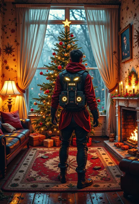 masterpiece, highest quality, (futuristic:1.2) christmas living room, (post-apocalyptic:1.3) decor, (cyberpunk warrior GingerbreadStyle person:1.5) , neon lights, broken furniture, holographic decorations, dark shadows, eerie atmosphere, (flickering lights:1.1), cyberpunk aesthetic, detailed textures, moody lighting, by Syd Mead, cinematic composition, trending on ArtStation