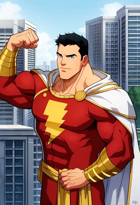 High Quality, Shazam, solo, 1man, flexing arms, black hair, blue eyes, red suite, white cape, red hero suite, muscle body, posing on the roof of a building,